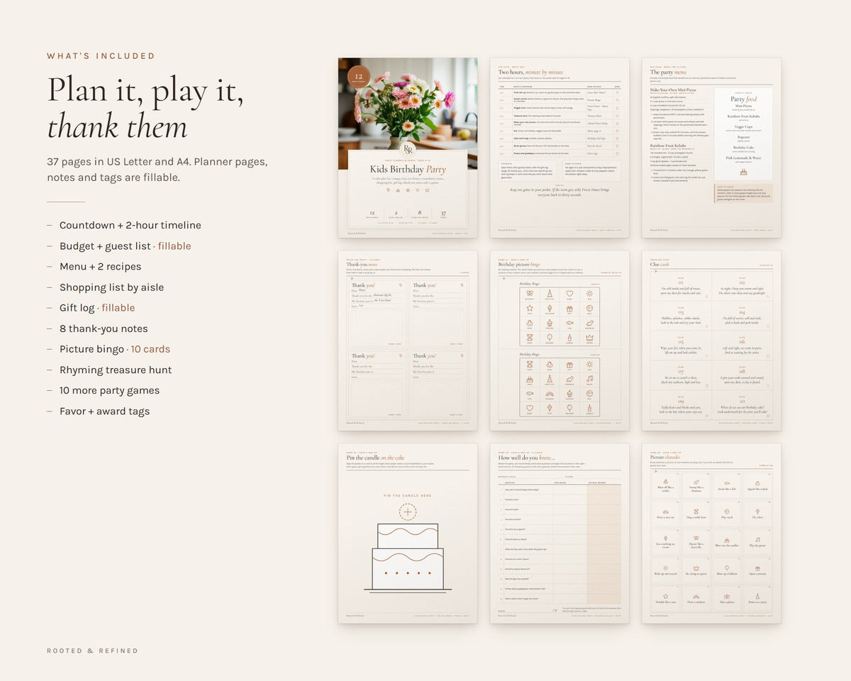 What's included in the Kids Birthday Party Games and Planner printable: an overview of every page in the download