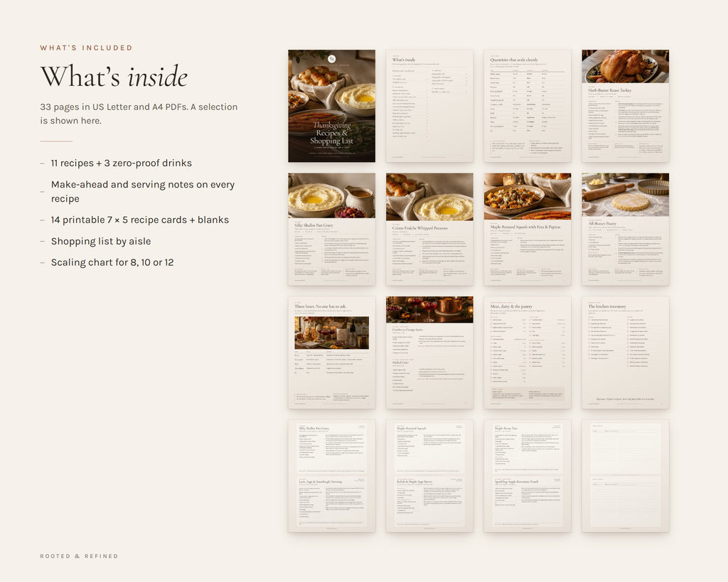 What's included in the Thanksgiving Recipe Cards printable: an overview of every page in the download