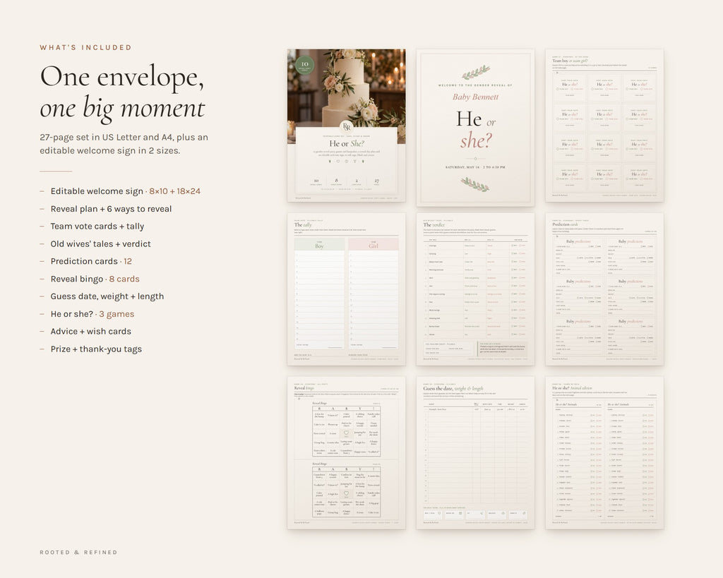 What's included in the Gender Reveal Party Games printable: an overview of every page in the download
