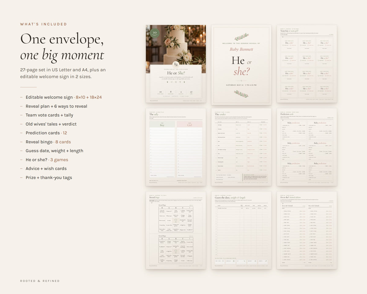 What's included in the Gender Reveal Party Games printable: an overview of every page in the download