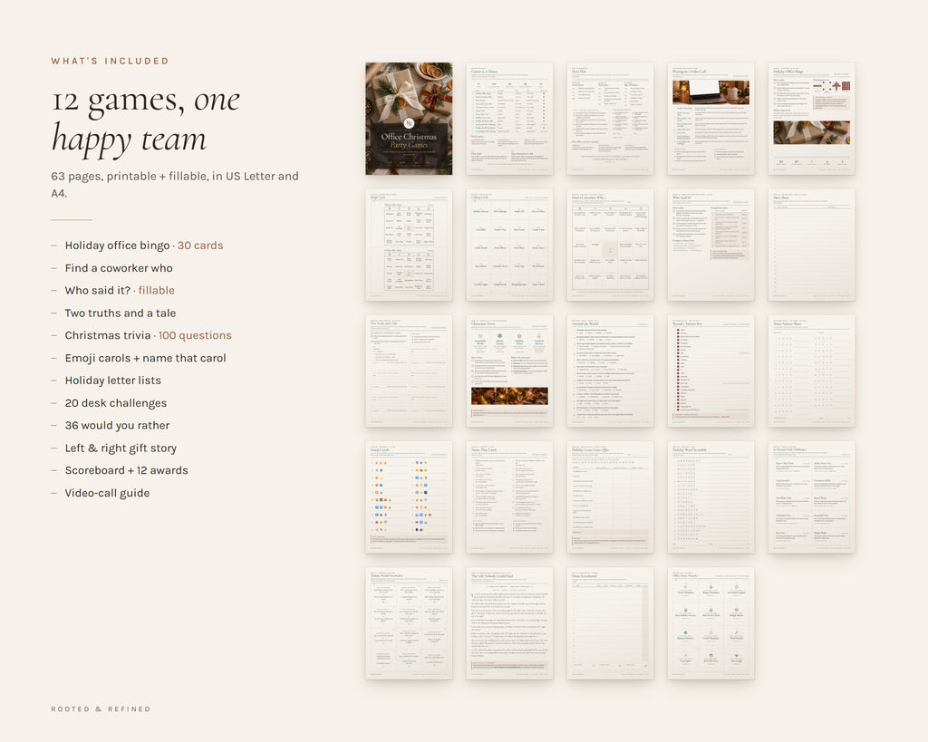 What's included in the 12 Office Christmas Party Games printable: an overview of every page in the download