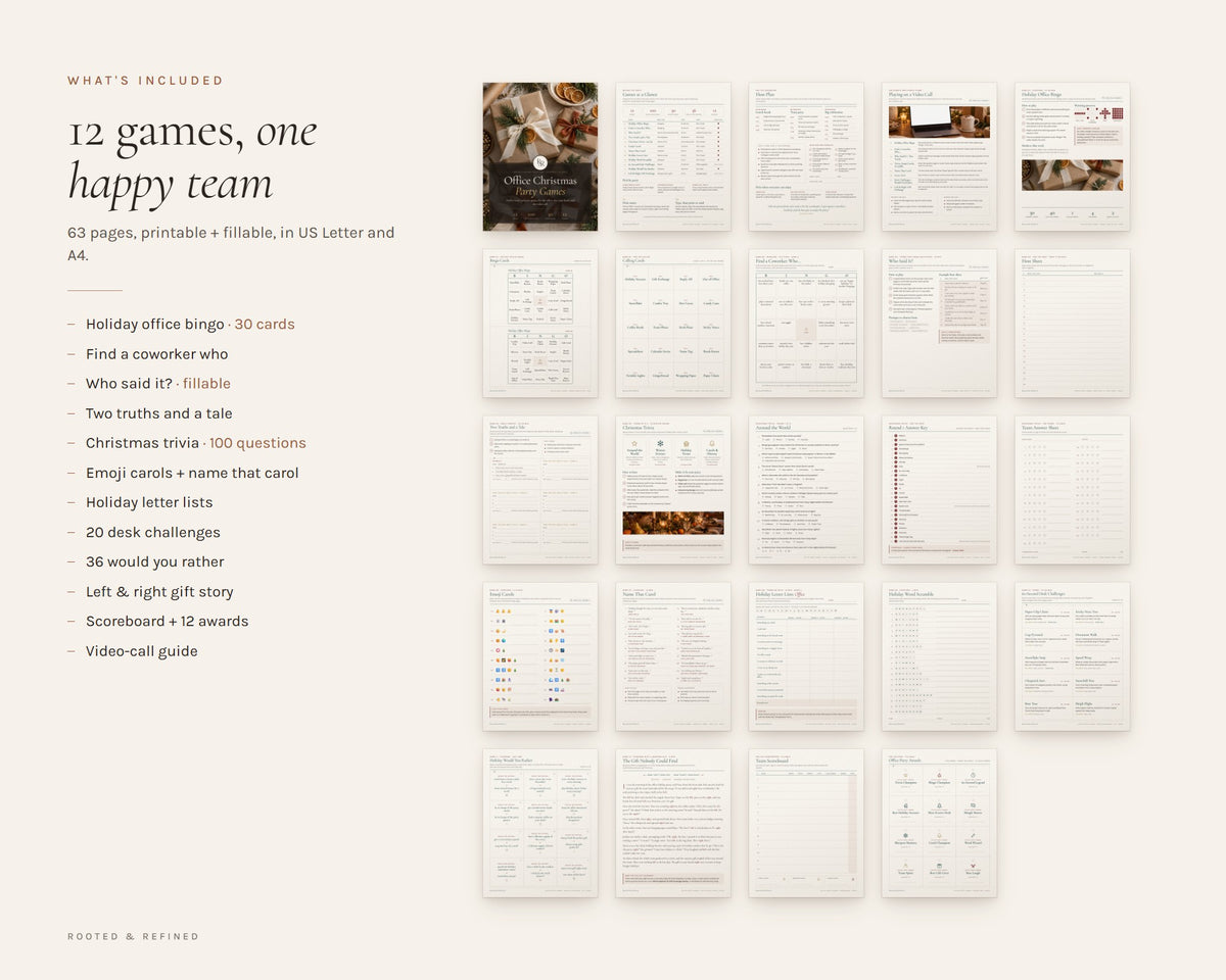 What's included in the 12 Office Christmas Party Games printable: an overview of every page in the download