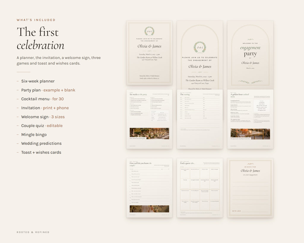 What's included in the Engagement Party Kit printable: an overview of every page in the download