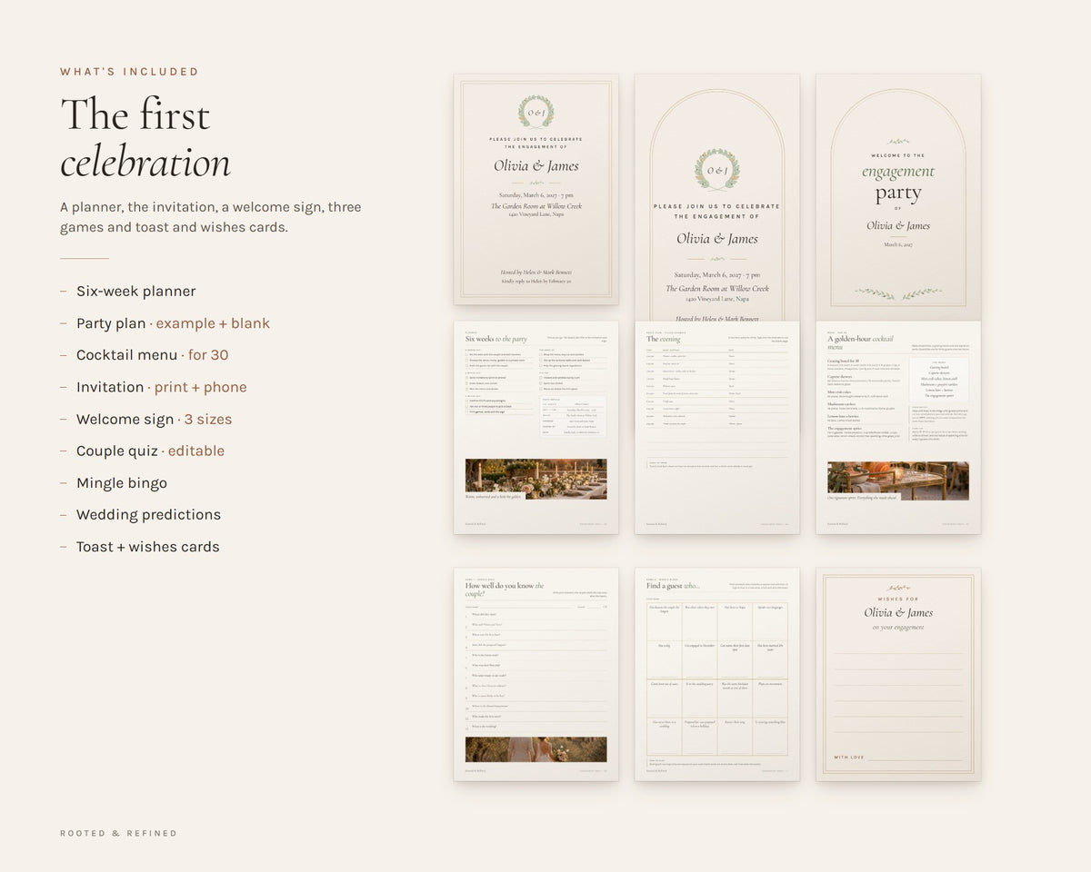 What's included in the Engagement Party Kit printable: an overview of every page in the download