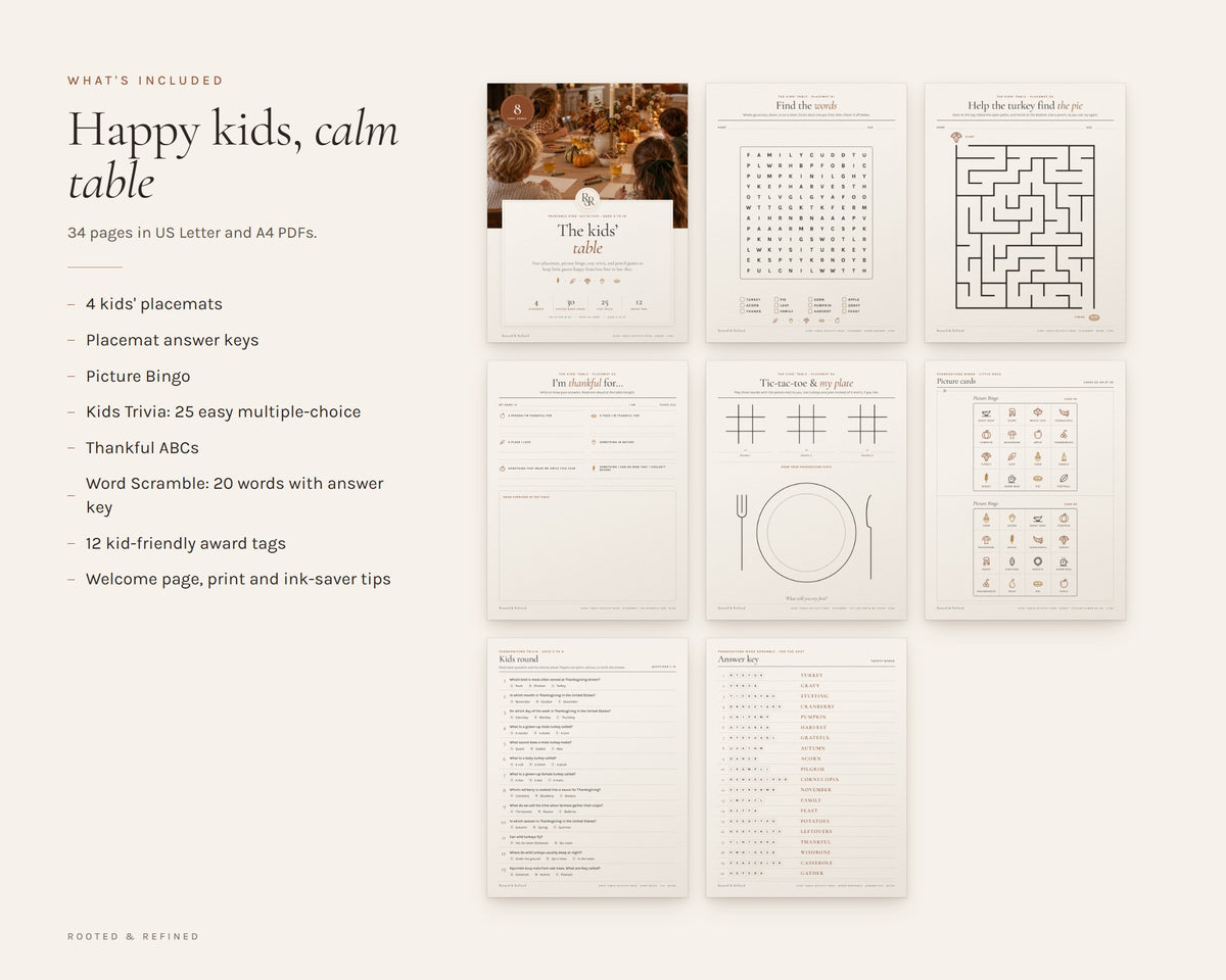 What's included in the Thanksgiving Kids Activity Pack printable: an overview of every page in the download