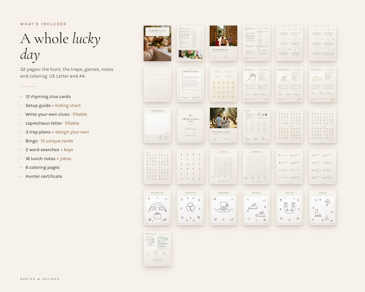 What's included in the St. Patrick's Day Kids Kit printable: an overview of every page in the download