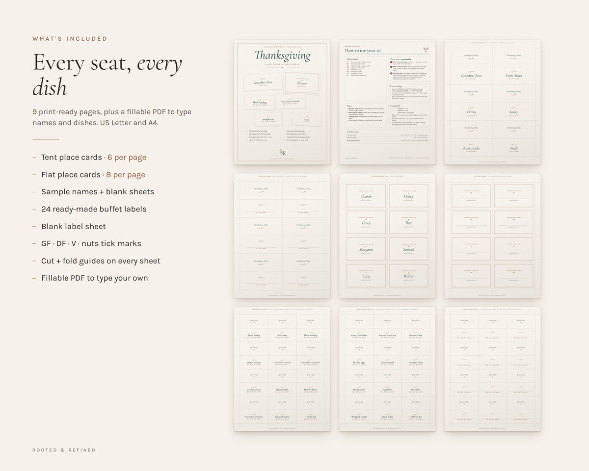 What's included in the Thanksgiving Place Cards printable: an overview of every page in the download