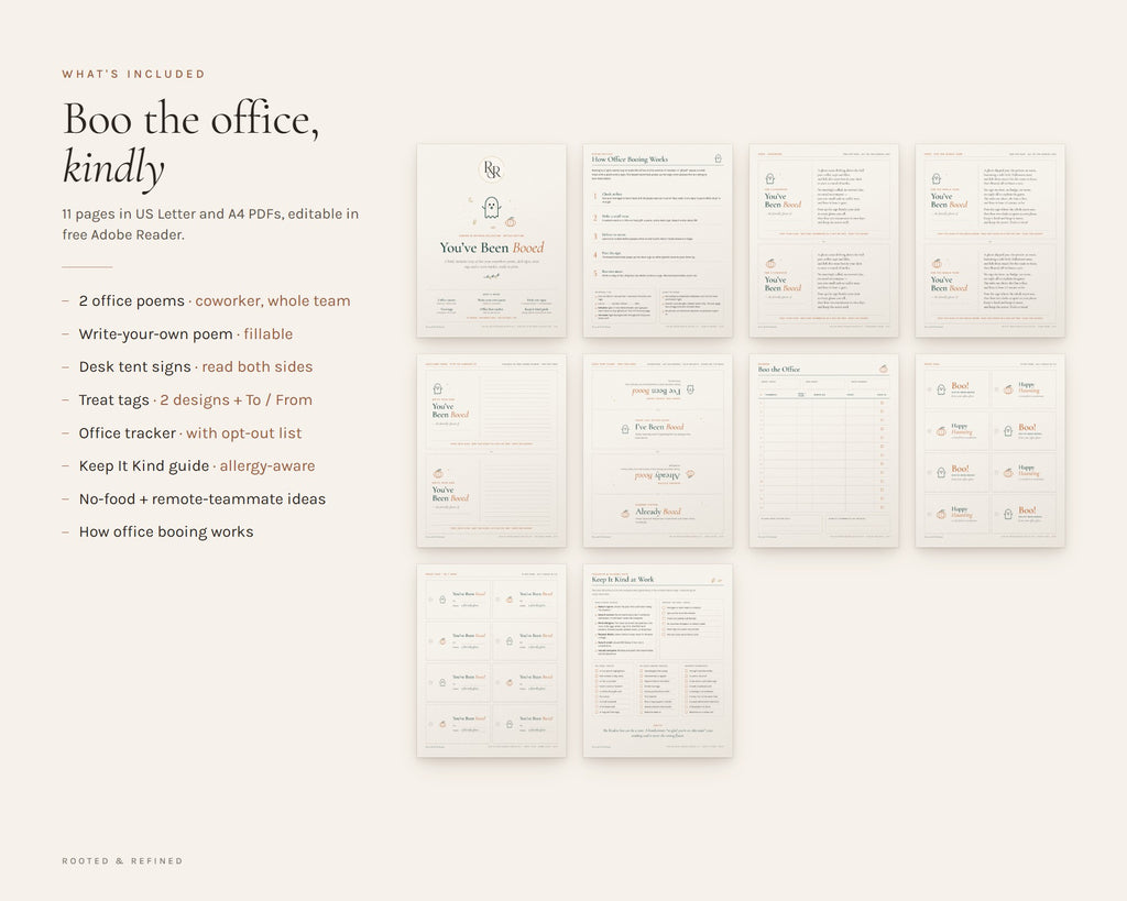 What's included in the You've Been Booed Office Kit printable: an overview of every page in the download
