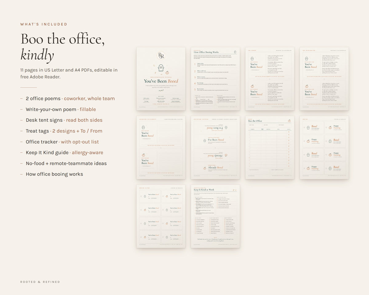What's included in the You've Been Booed Office Kit printable: an overview of every page in the download