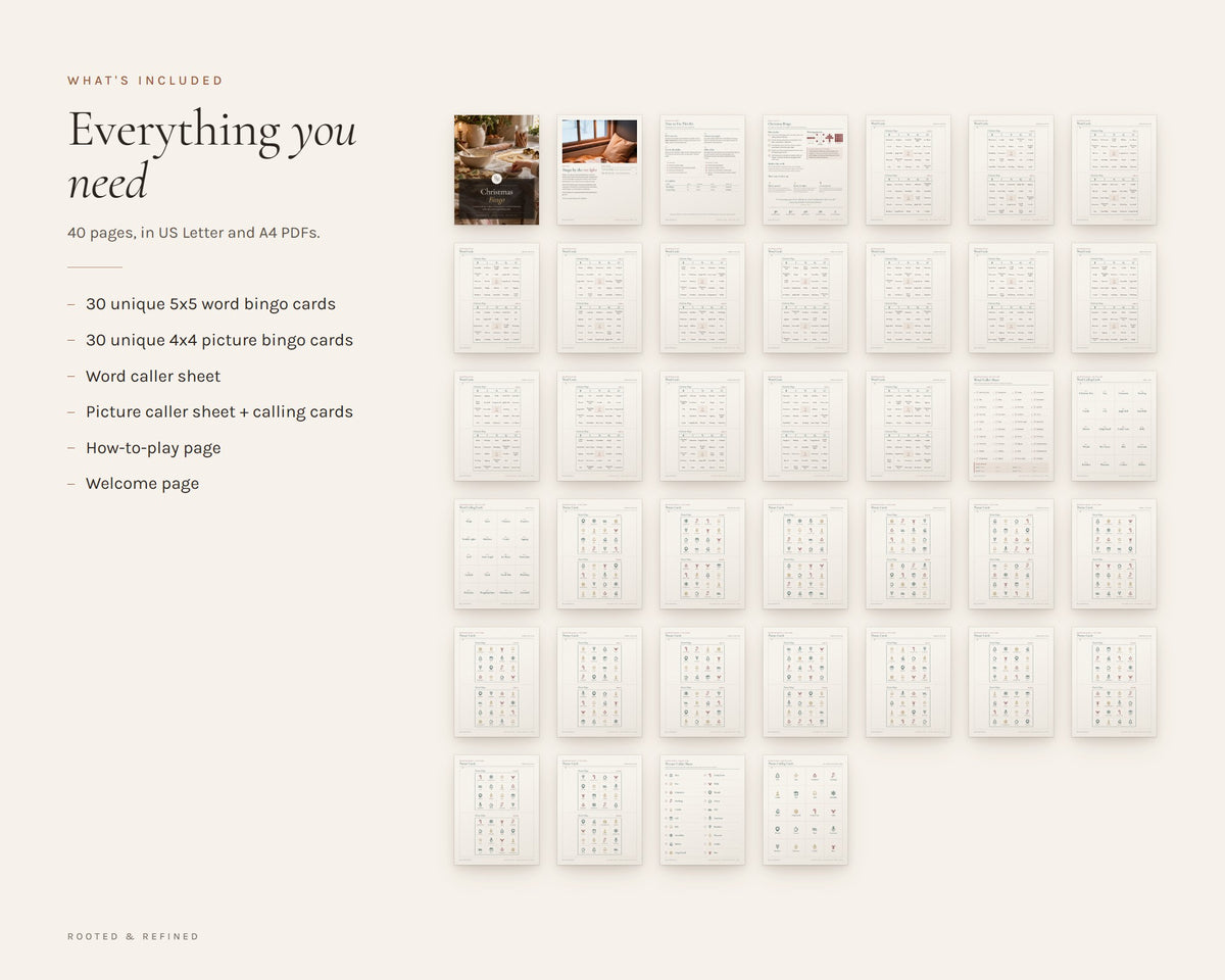 What's included in the Christmas Bingo printable: an overview of every page in the download