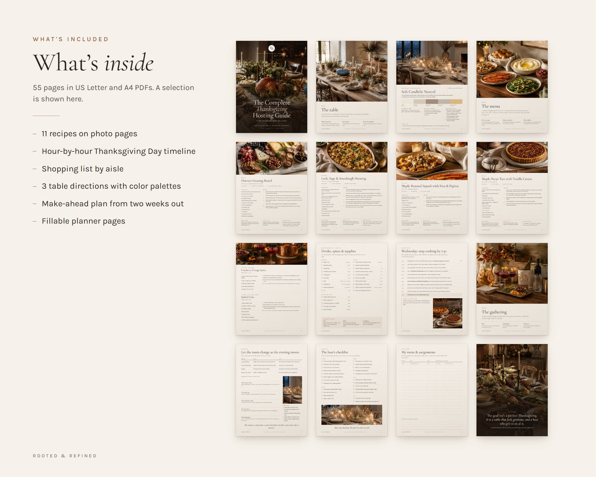 What's included in the The Complete Thanksgiving Hosting Guide printable: an overview of every page in the download