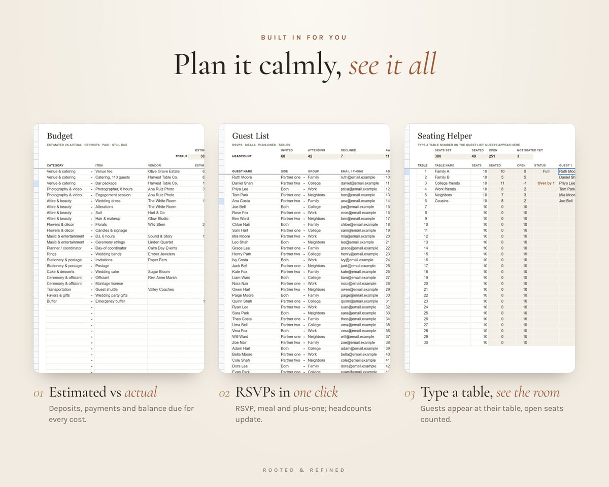 What's included in the Wedding Budget Spreadsheet printable: an overview of every page in the download