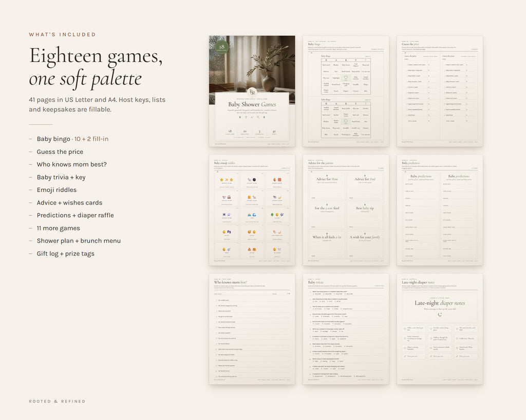 What's included in the Baby Shower Games Bundle printable: an overview of every page in the download