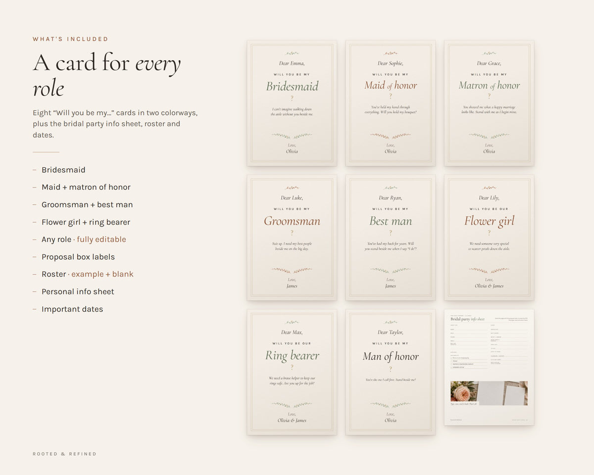 What's included in the Bridal Party Proposal Cards printable: an overview of every page in the download