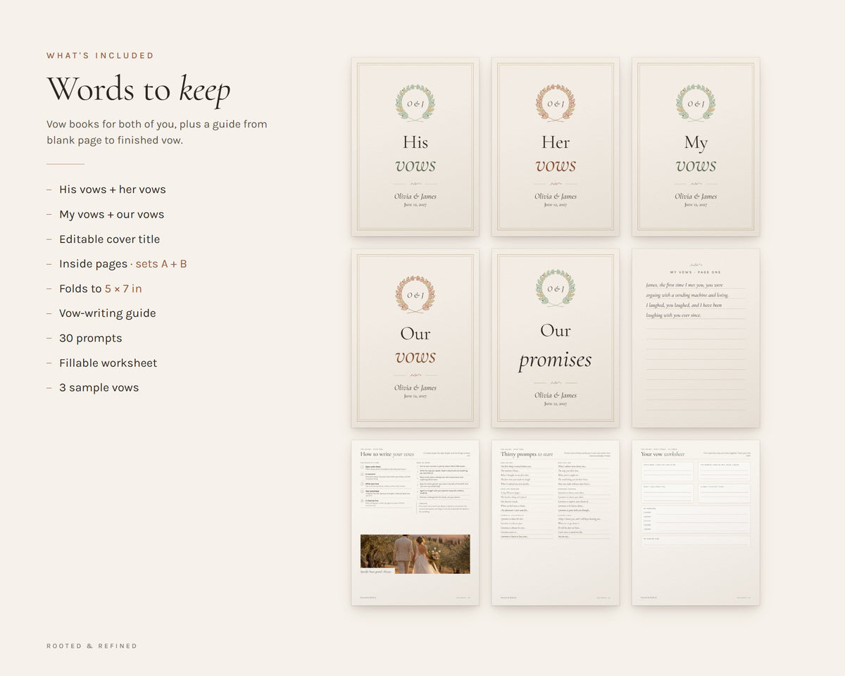 What's included in the Wedding Vow Books printable: an overview of every page in the download