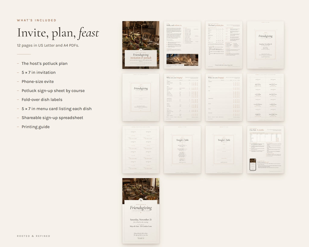 What's included in the Friendsgiving Invitation and Potluck Sign Up Sheet printable: an overview of every page in the download