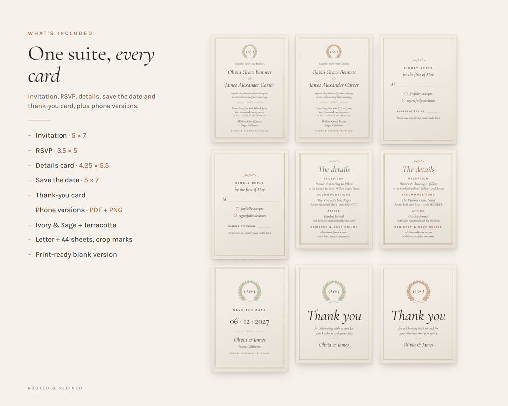 What's included in the Wedding Invitation Suite printable: an overview of every page in the download