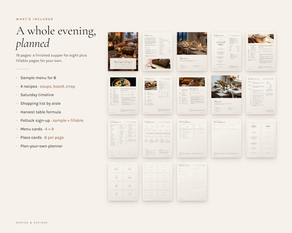 What's included in the Fall Dinner Party Planner printable: an overview of every page in the download