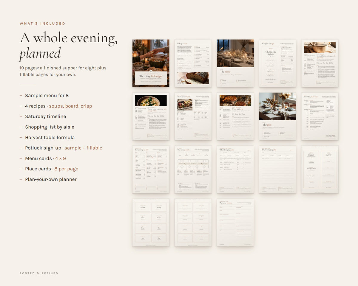 What's included in the Fall Dinner Party Planner printable: an overview of every page in the download