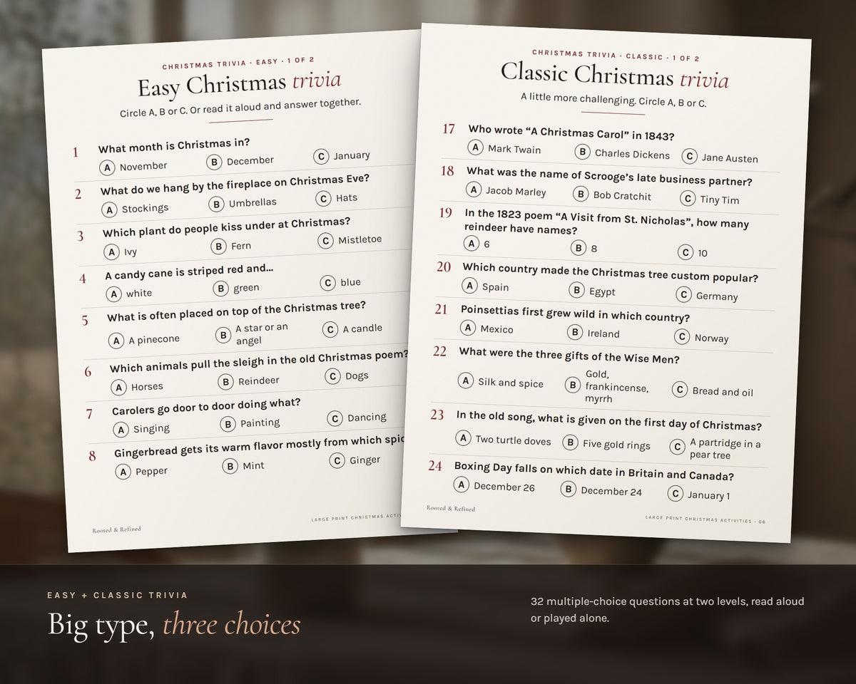Inside the Large Print Christmas Activities for Seniors printable: sample pages, view 3 of 8
