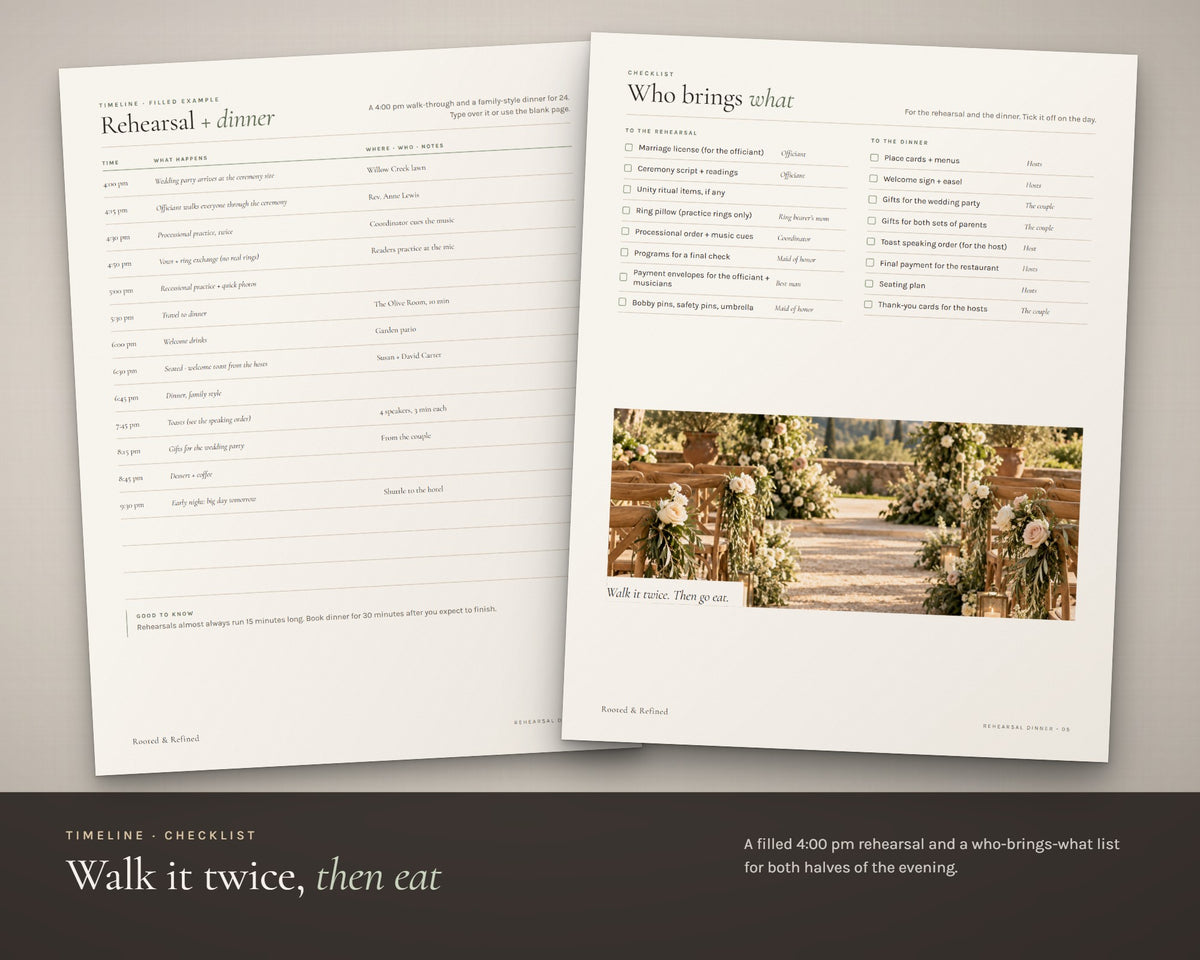 Inside the Rehearsal Dinner Kit printable: sample pages, view 3 of 7