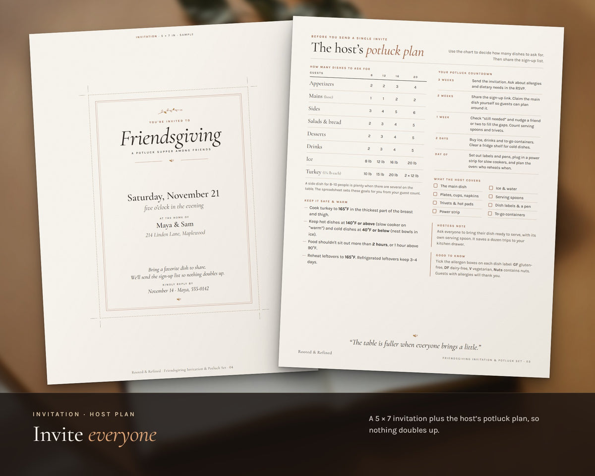 Inside the Friendsgiving Invitation and Potluck Sign Up Sheet printable: sample pages, view 3 of 8