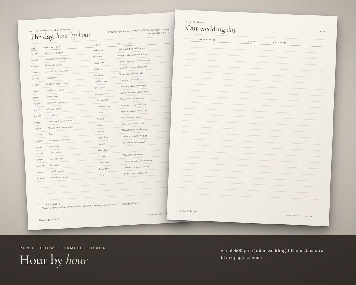 Inside the Wedding Day Timeline printable: sample pages, view 3 of 7