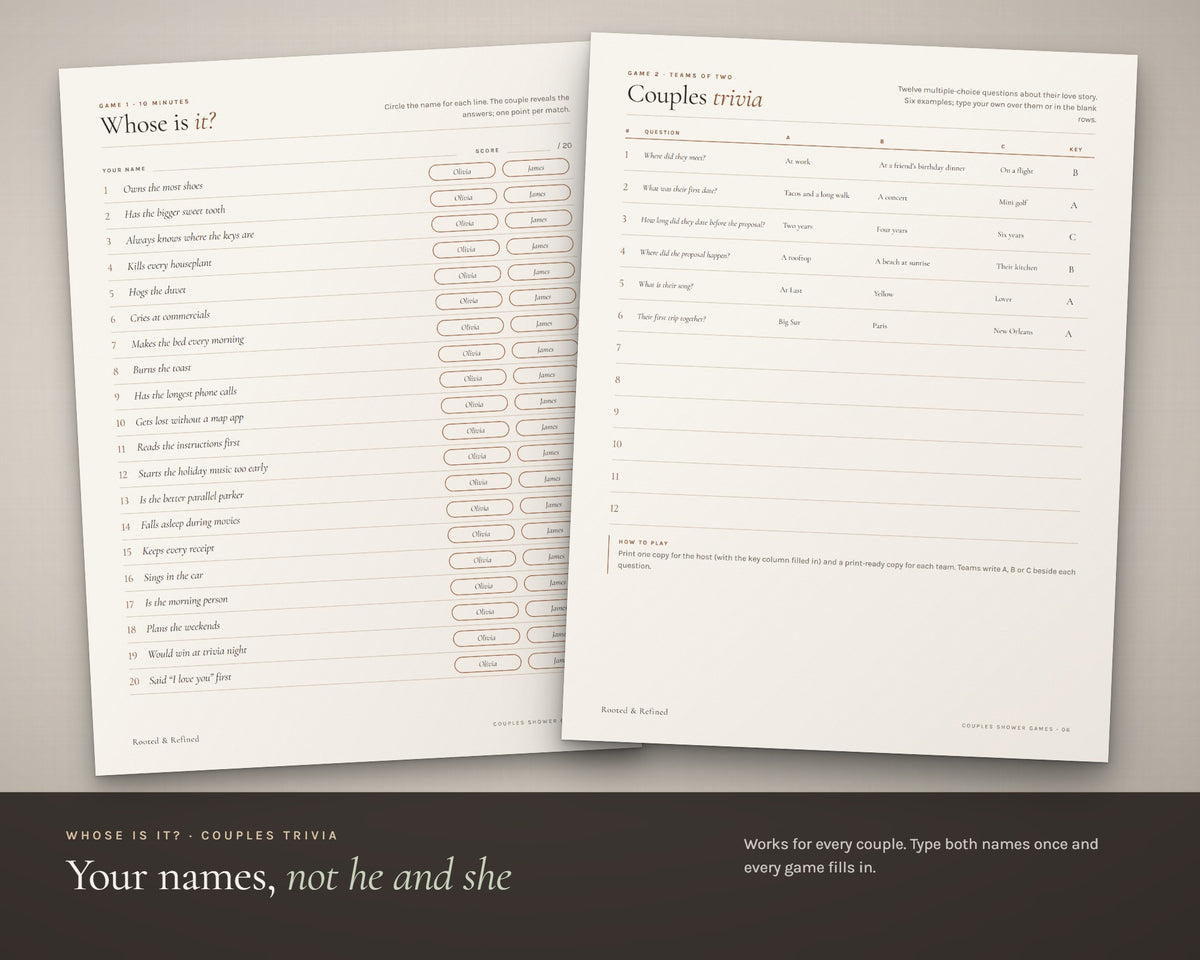 Inside the Couples Shower Games printable: sample pages, view 3 of 7