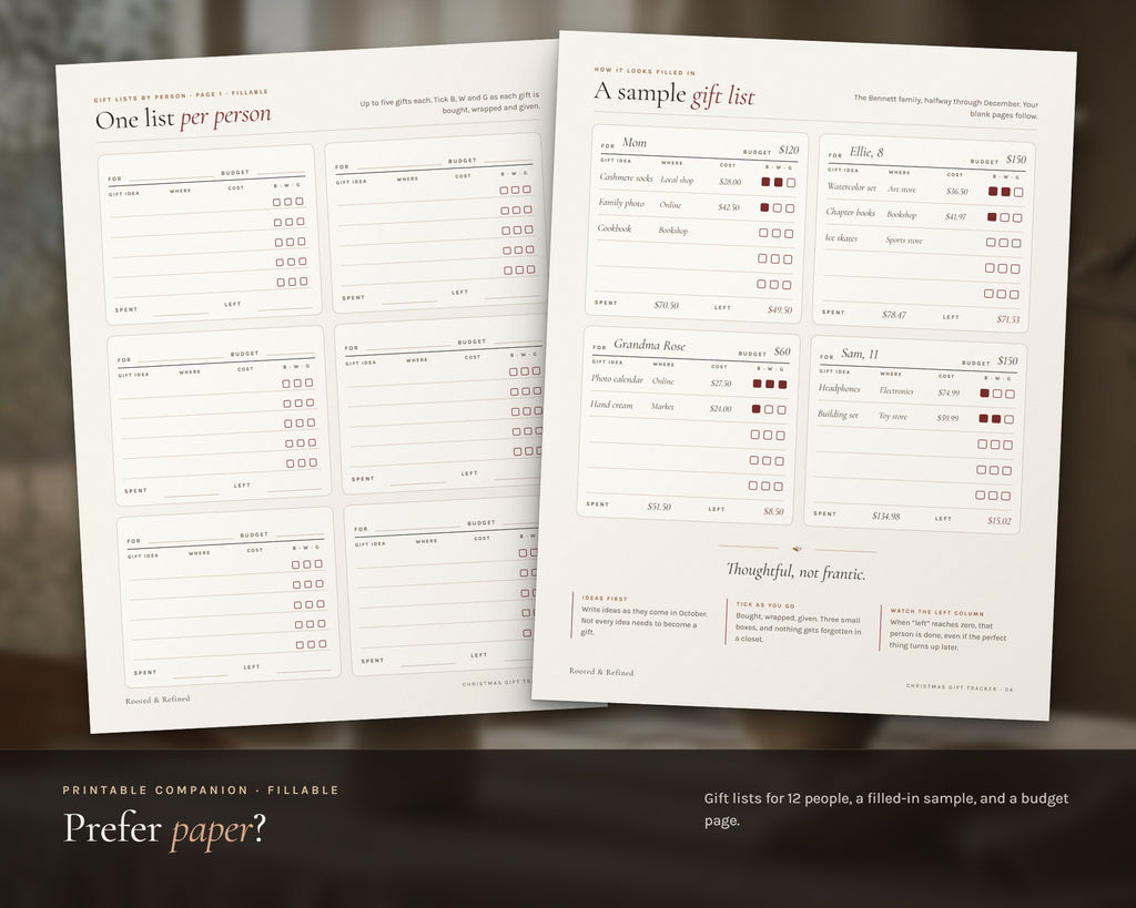 Inside the Christmas Gift Tracker Spreadsheet printable: sample pages, view 4 of 8