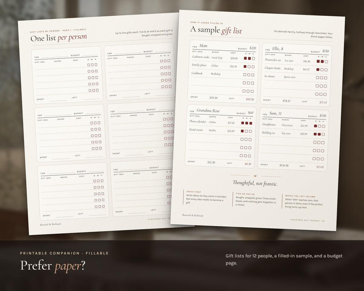 Inside the Christmas Gift Tracker Spreadsheet printable: sample pages, view 4 of 8