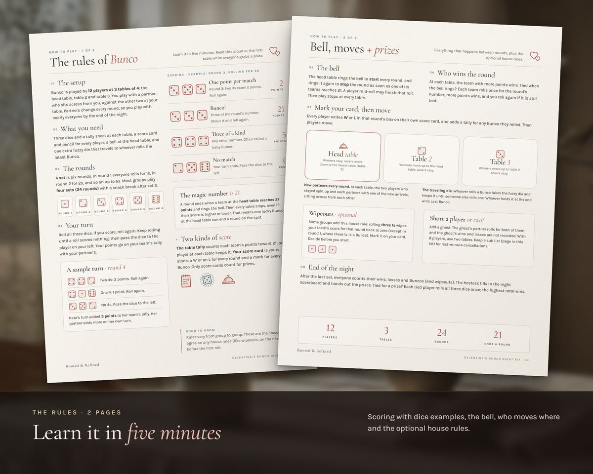 Inside the Galentine's Winter Bunco Night Kit printable: sample pages, view 4 of 8