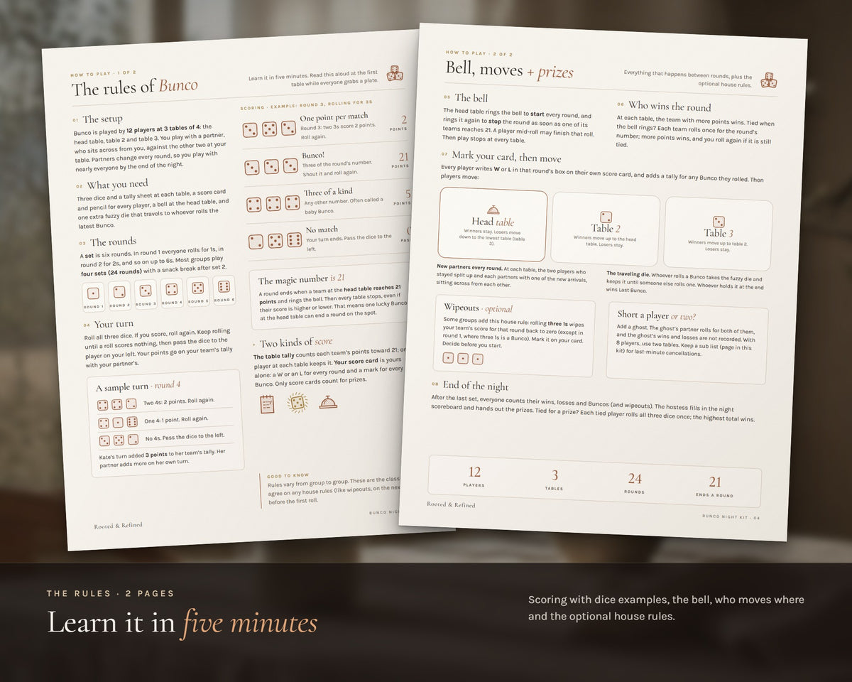 Inside the Bunco Night Kit printable: sample pages, view 4 of 8
