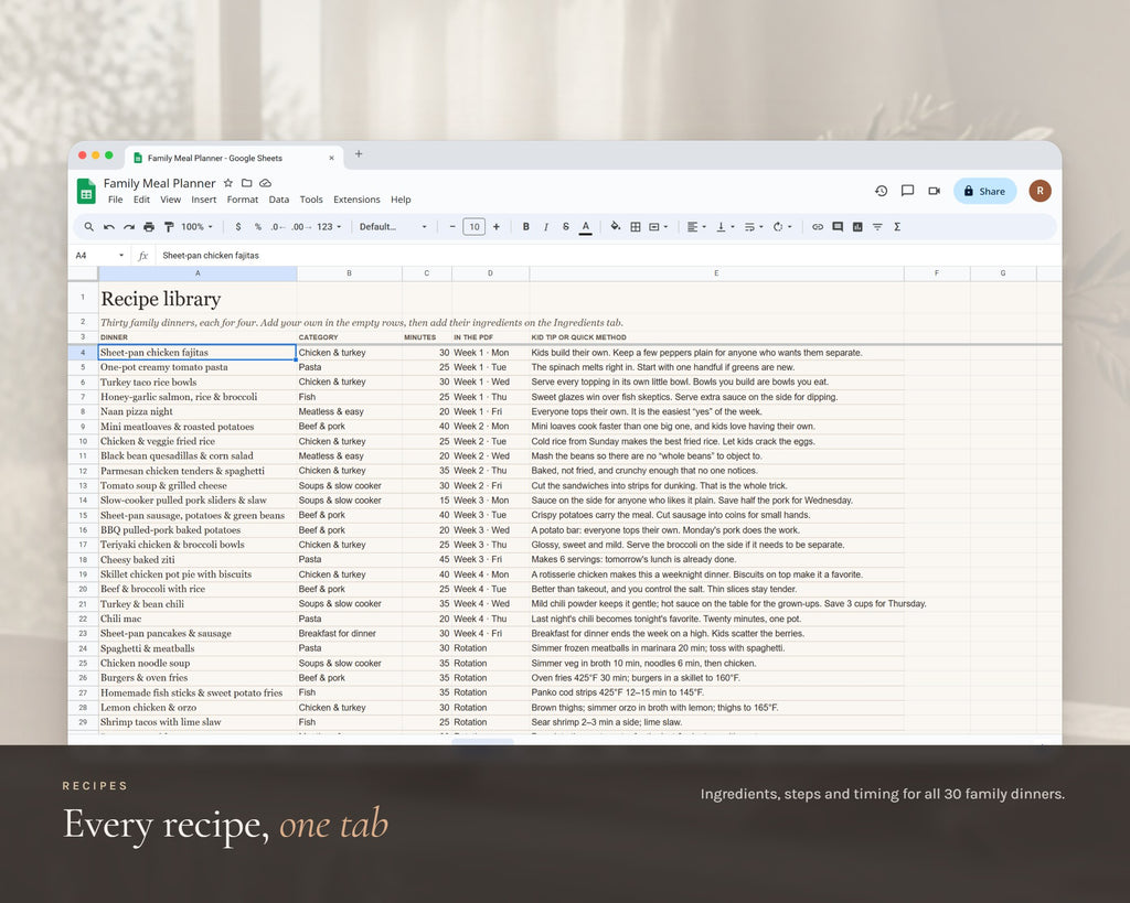 Inside the Meal Planner Google Sheets printable: sample pages, view 4 of 6