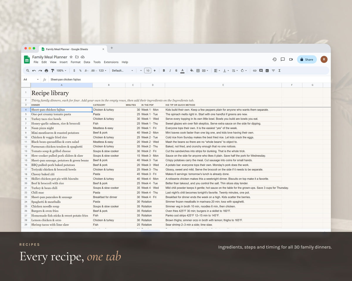 Inside the Meal Planner Google Sheets printable: sample pages, view 4 of 6