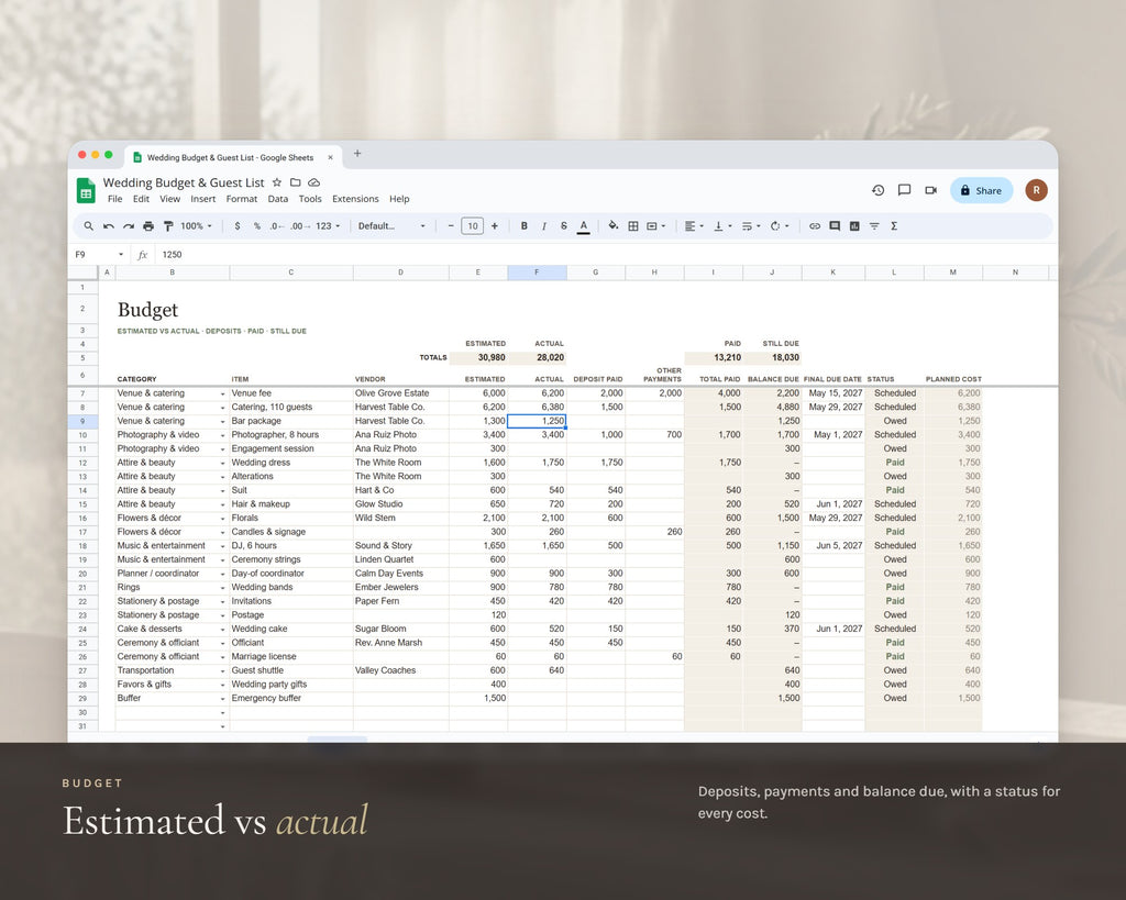 Inside the Wedding Budget Spreadsheet printable: sample pages, view 4 of 8