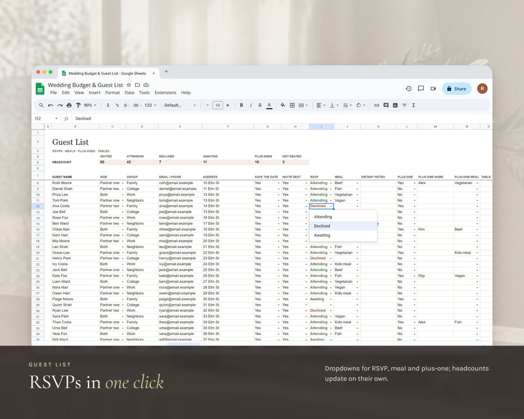 Inside the Wedding Budget Spreadsheet printable: sample pages, view 5 of 8