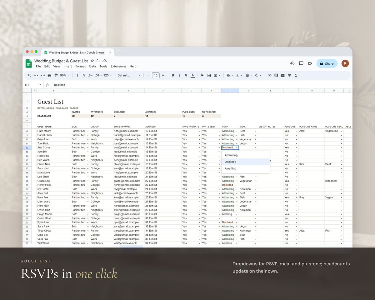 Inside the Wedding Budget Spreadsheet printable: sample pages, view 5 of 8