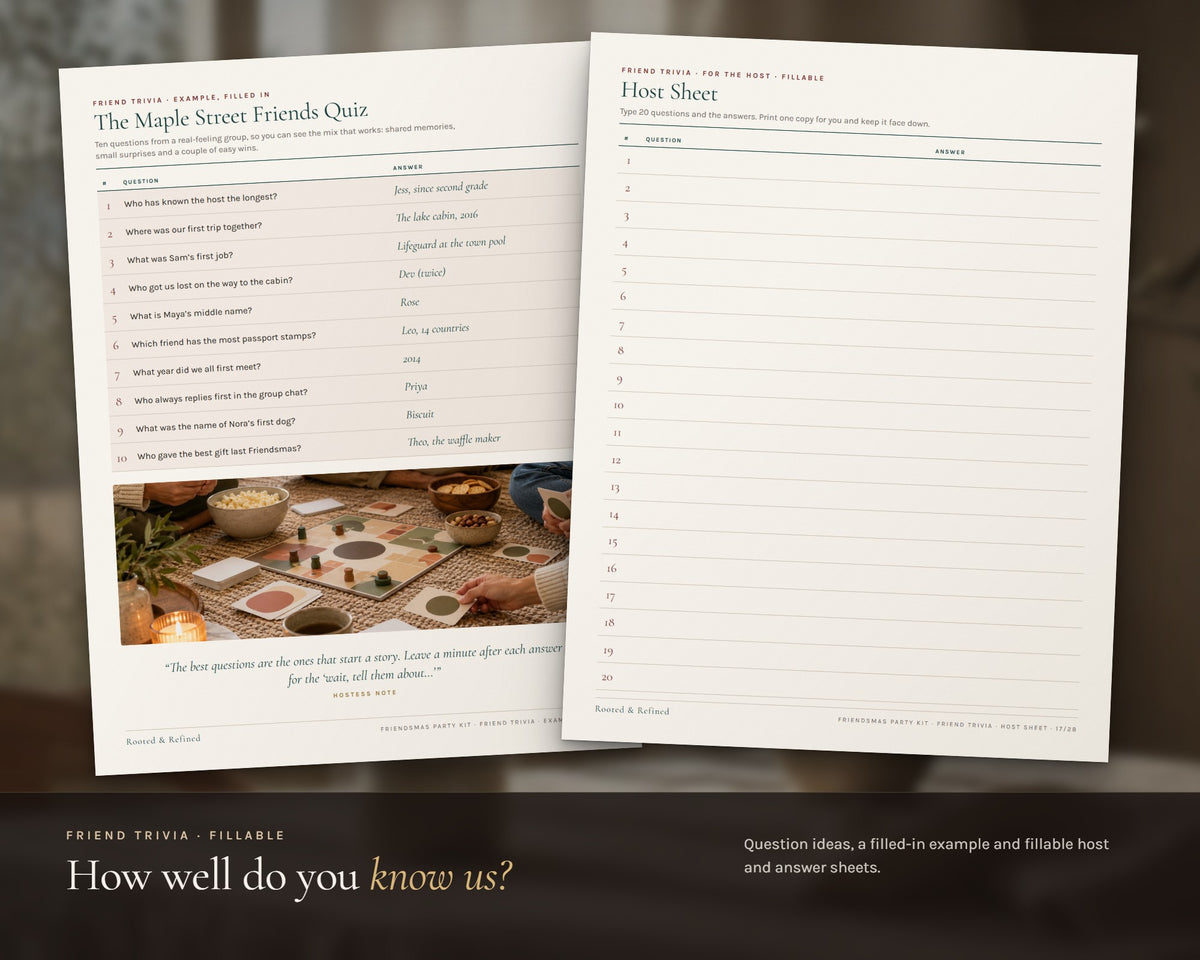 Inside the Friendsmas Party Kit printable: sample pages, view 5 of 8