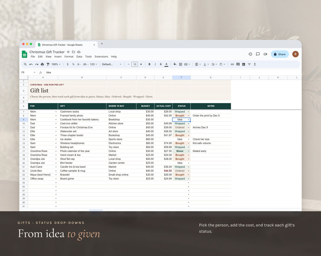 Inside the Christmas Gift Tracker Spreadsheet printable: sample pages, view 5 of 8
