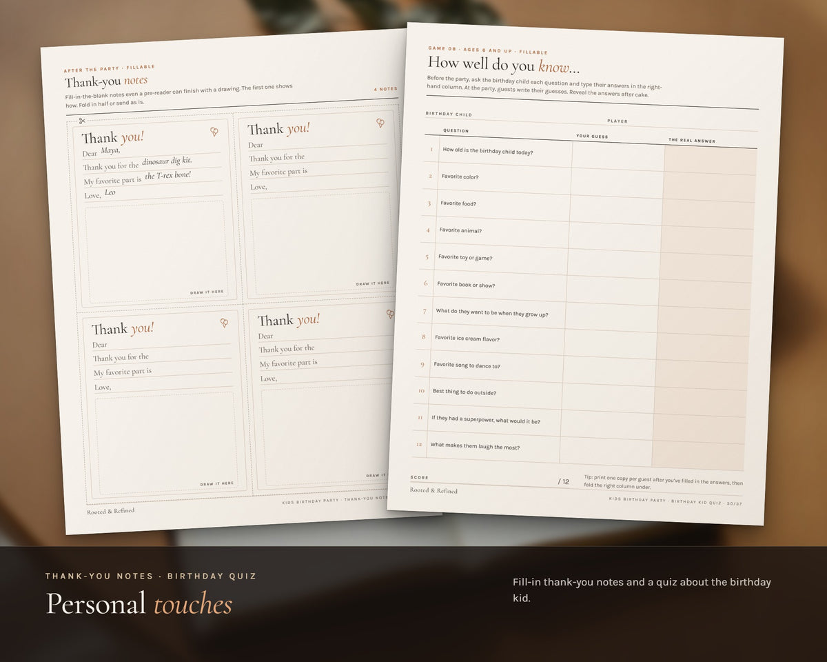 Inside the Kids Birthday Party Games and Planner printable: sample pages, view 6 of 8
