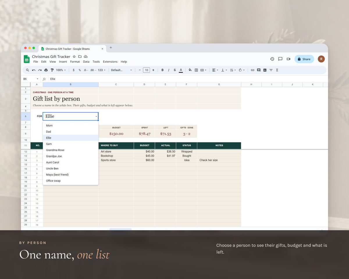 Inside the Christmas Gift Tracker Spreadsheet printable: sample pages, view 6 of 8