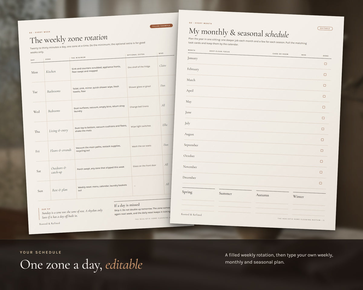 Inside the Realistic Cleaning Rhythm & Schedule printable: sample pages, view 6 of 7