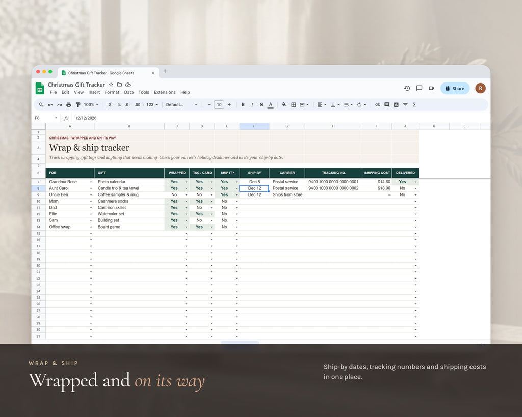 Inside the Christmas Gift Tracker Spreadsheet printable: sample pages, view 7 of 8