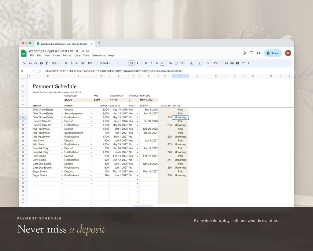 Inside the Wedding Budget Spreadsheet printable: sample pages, view 7 of 8