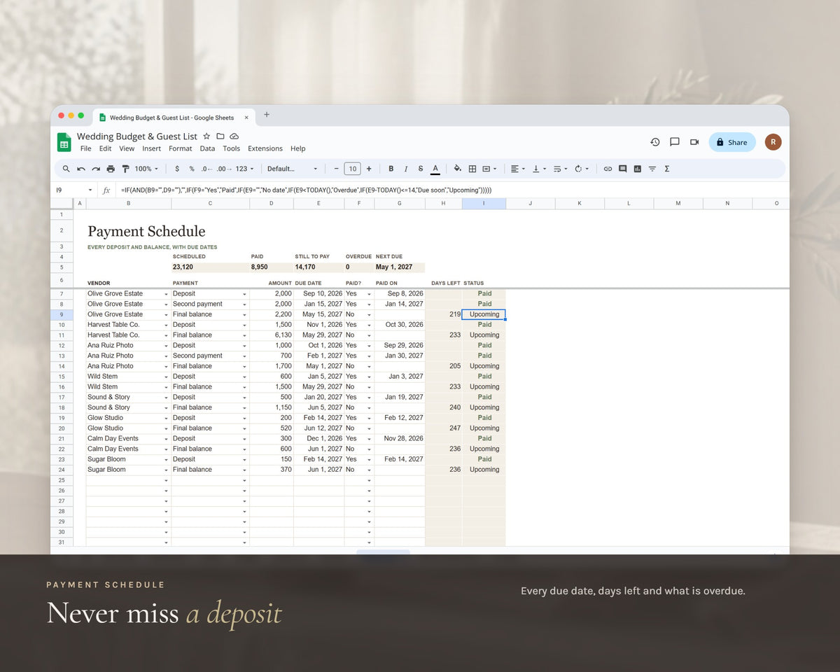 Inside the Wedding Budget Spreadsheet printable: sample pages, view 7 of 8