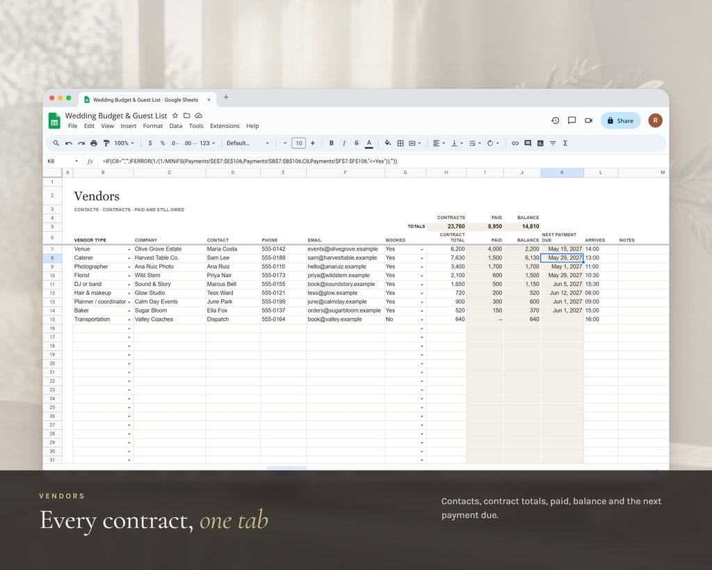 Inside the Wedding Budget Spreadsheet printable: sample pages, view 8 of 8