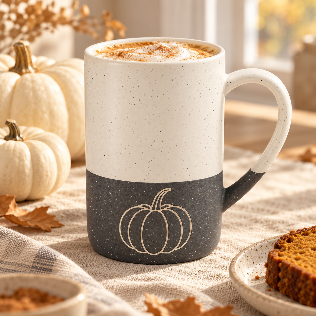 Pumpkin engraved speckled mug in grey with a latte, pumpkins and pumpkin bread