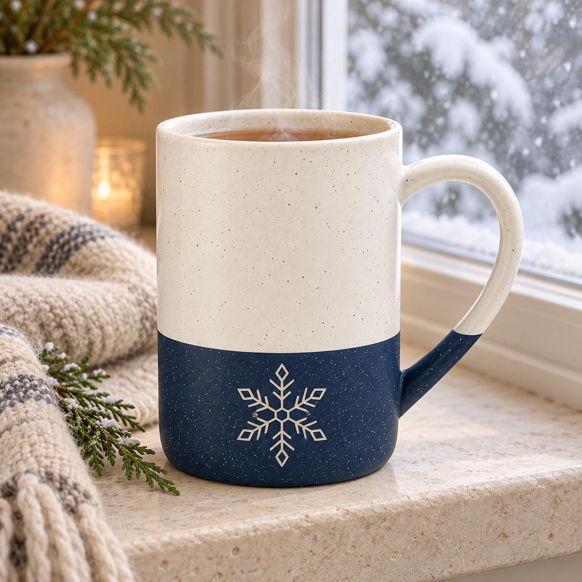 Snowflake engraved speckled mug in navy blue by a snowy winter window