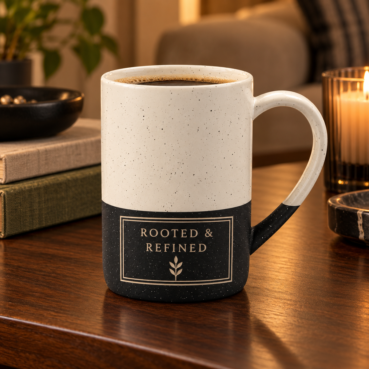 Rooted & Refined atelier label engraved speckled mug in black in a dark, cozy room