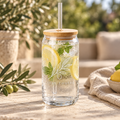 Stay rooted olive branch engraved glass cup with bamboo lid with lemon water and olive leaves